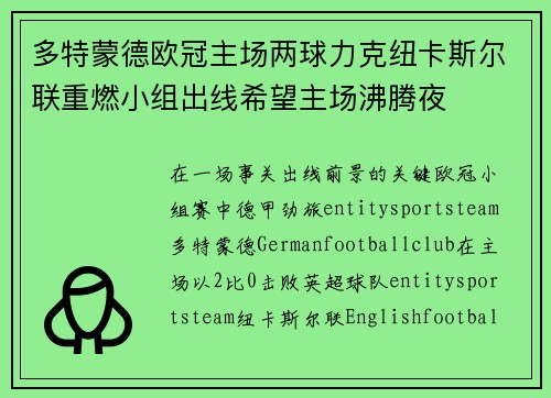 多特蒙德欧冠主场两球力克纽卡斯尔联重燃小组出线希望主场沸腾夜