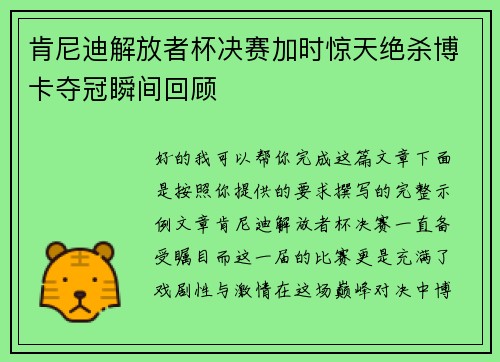 肯尼迪解放者杯决赛加时惊天绝杀博卡夺冠瞬间回顾