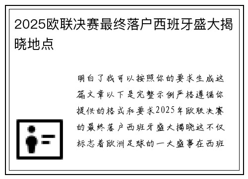 2025欧联决赛最终落户西班牙盛大揭晓地点