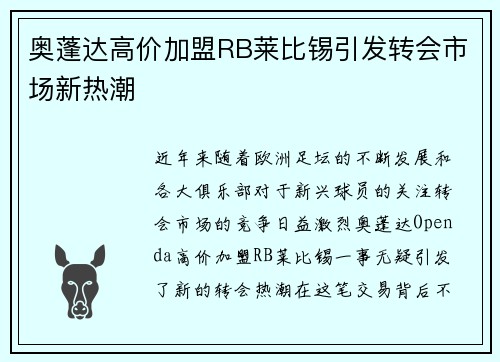 奥蓬达高价加盟RB莱比锡引发转会市场新热潮